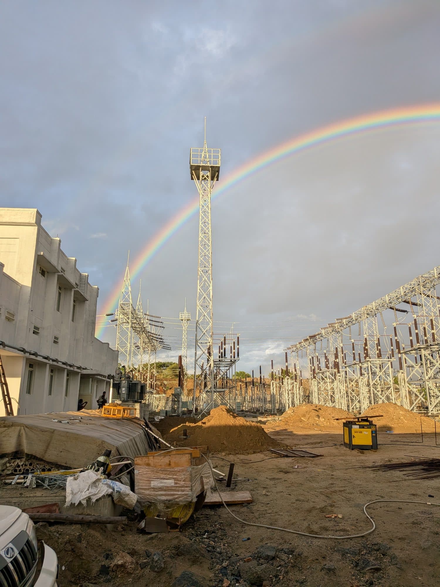 A rainbow over the lighting mast and the site