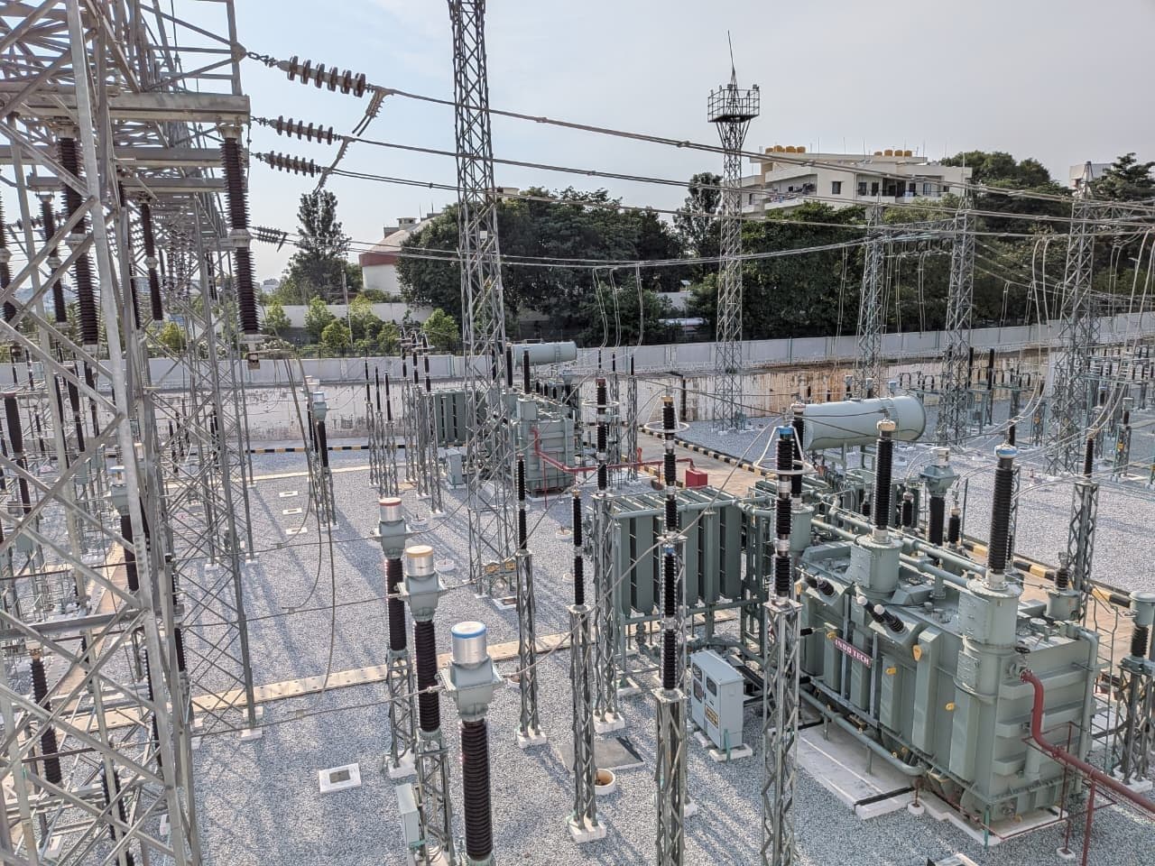 Power transformers and their bays from above