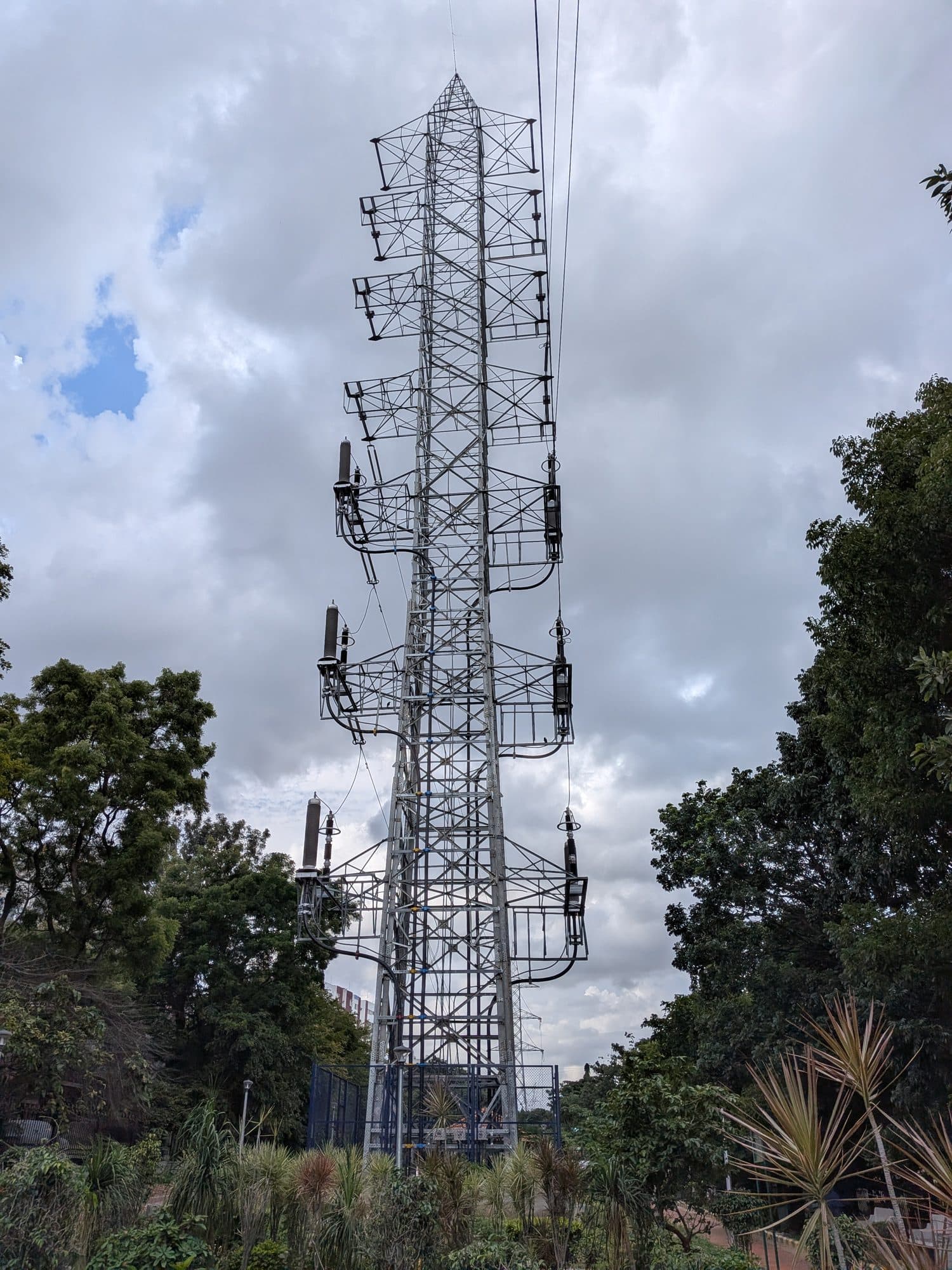 A lattice transmission tower above the trees