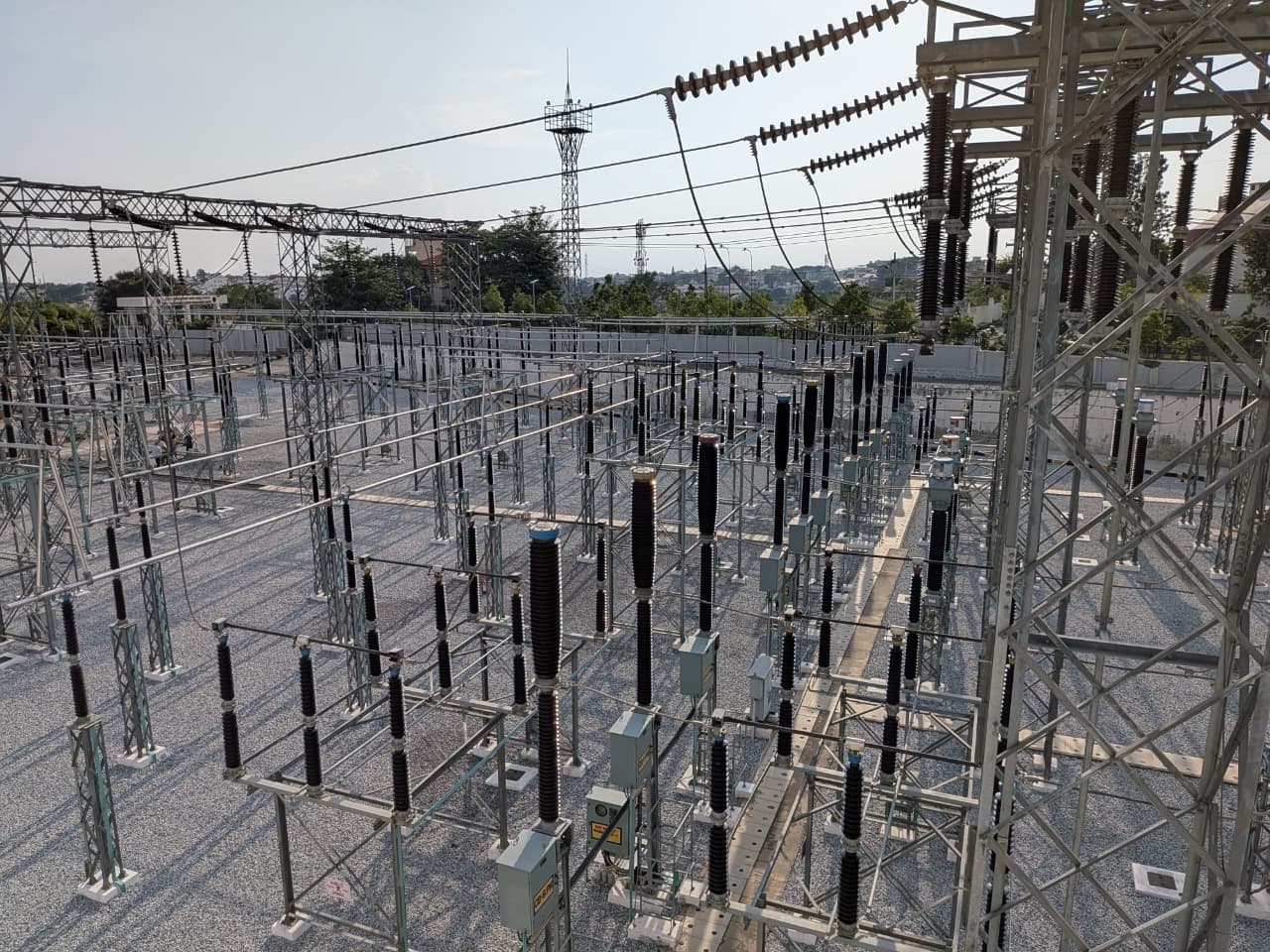 A terminal tower and its insulator strings over the bays